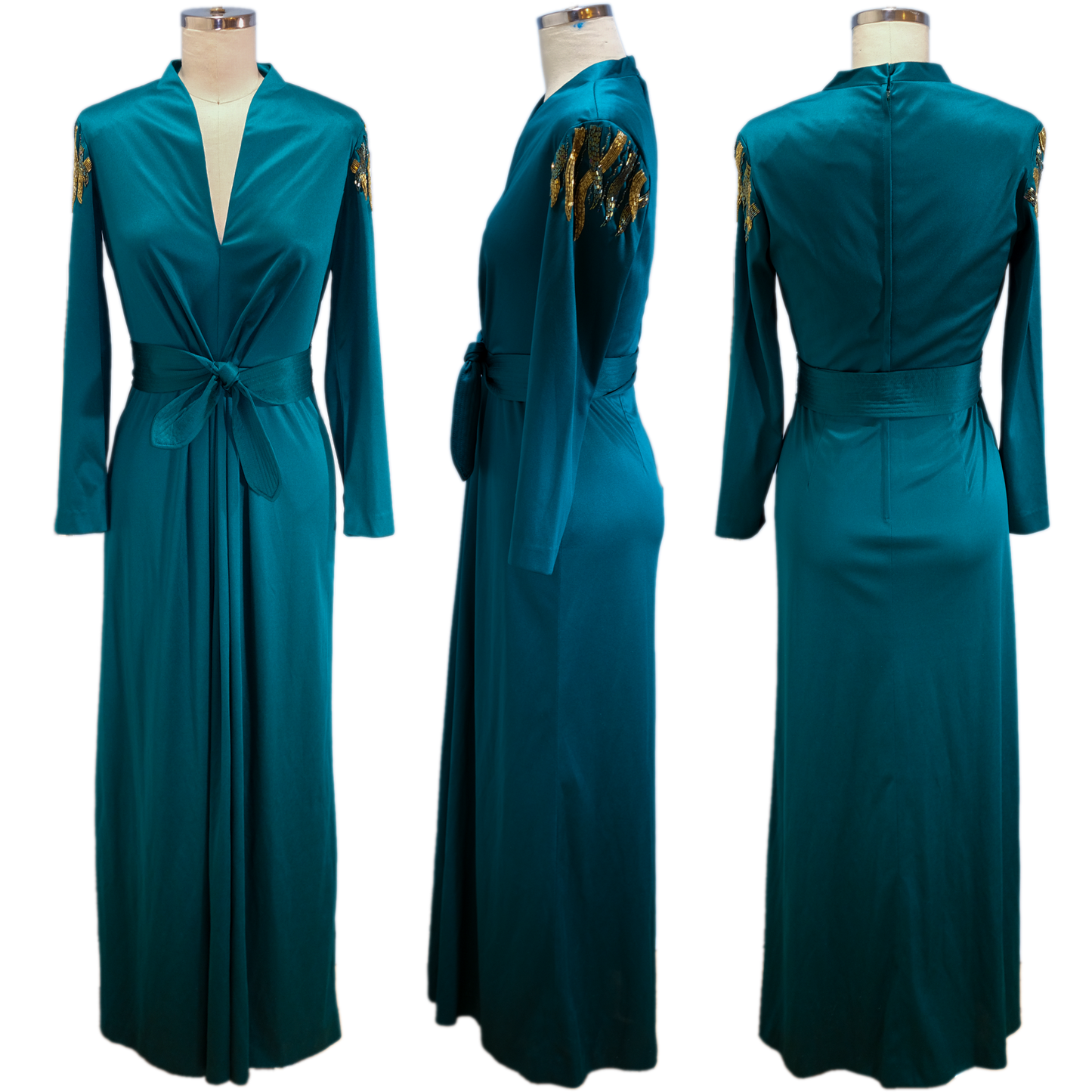Vintage Berkertex Teal Gown with Beaded Sleeves- Size 6/8 - Excellent condition
