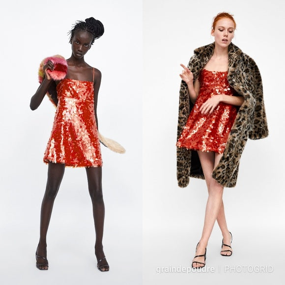 Pre-owned - Zara - Tangerine Sequin A-line Party Dress - Size LG