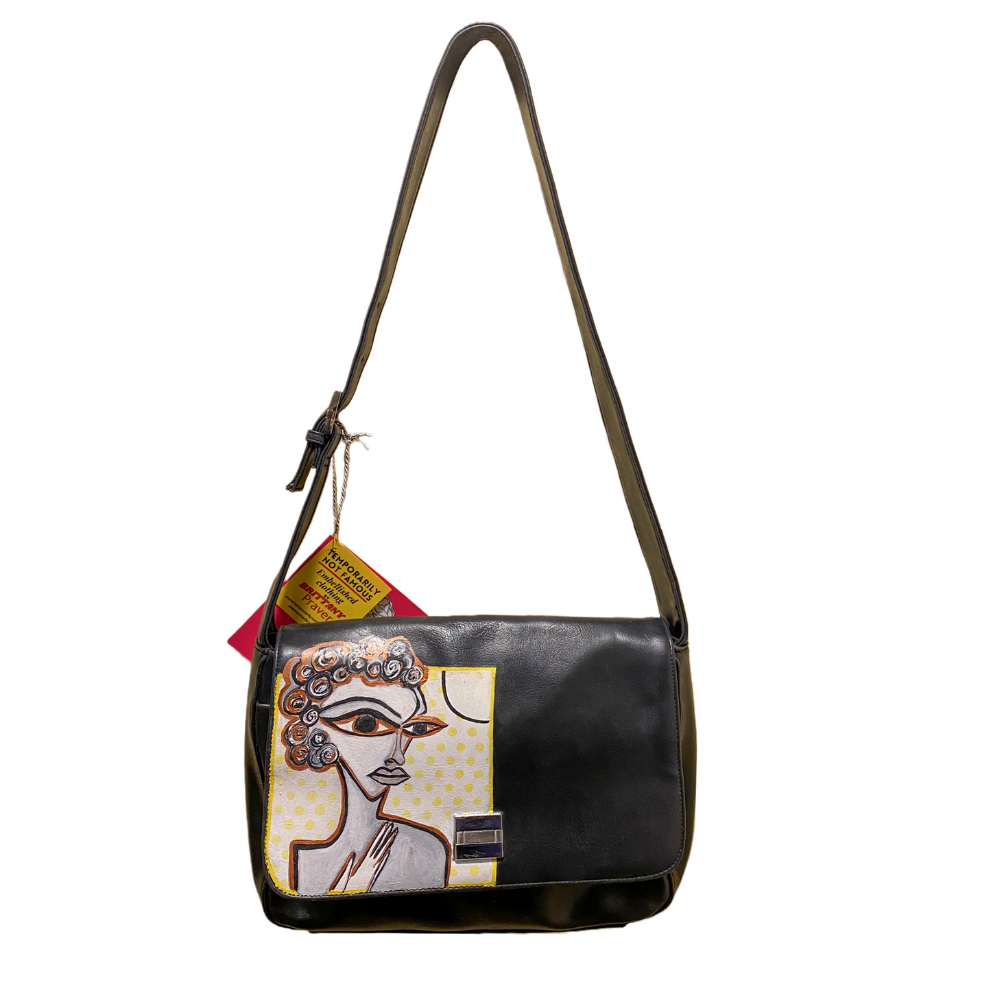 "Olivia" Black Leather Shoulder Bag Hand Painted - by Temporarily Not Famous