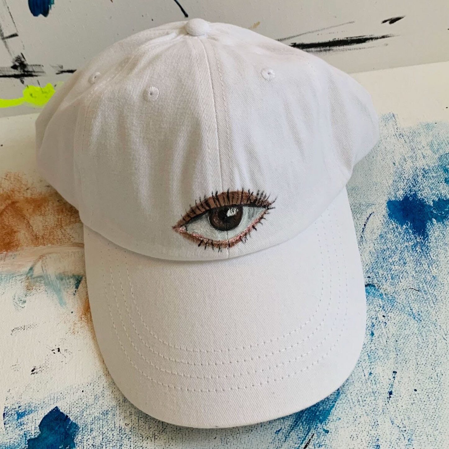 "Third Eye" White Baseball Cap - Hand Painted by Temporarily Not Famous