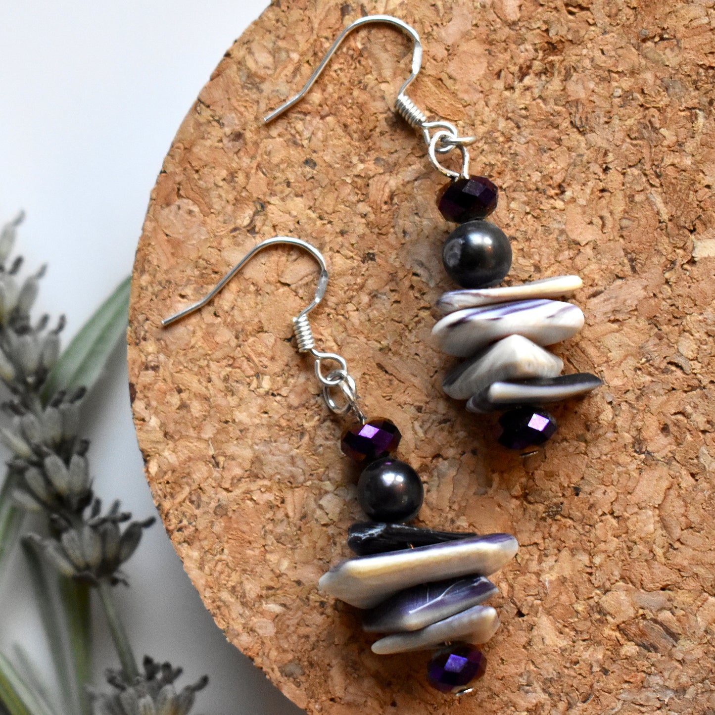 Wampum and Black Pearl Drop Earrings by Ockway Bay Wampum