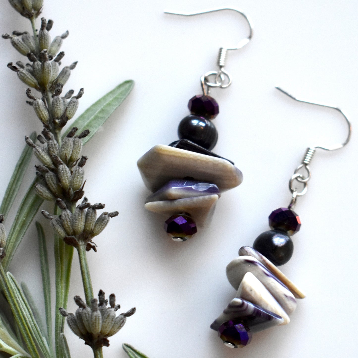 Wampum and Black Pearl Drop Earrings by Ockway Bay Wampum