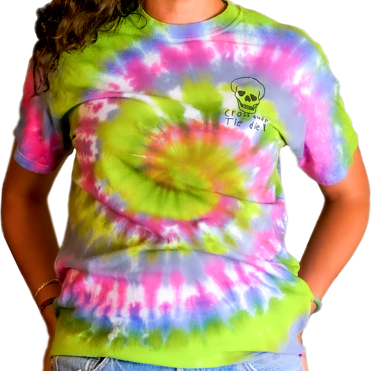 Spiral Tie Dye Logo T-Shirt - Pink/Green - MD- by Cross Dude Tie Die