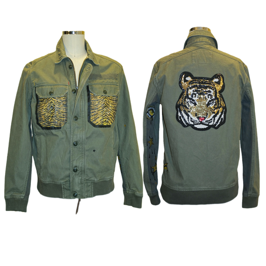 Sequin Tiger - Up-cycled Koto Army Green Jacket - Hand Painted and Stitched by Skye De La Rosa