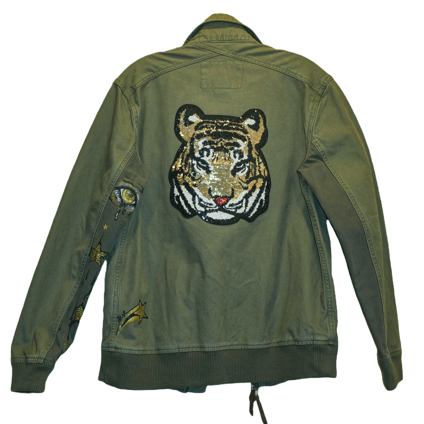Sequin Tiger - Up-cycled Koto Army Green Jacket - Hand Painted and Stitched by Skye De La Rosa
