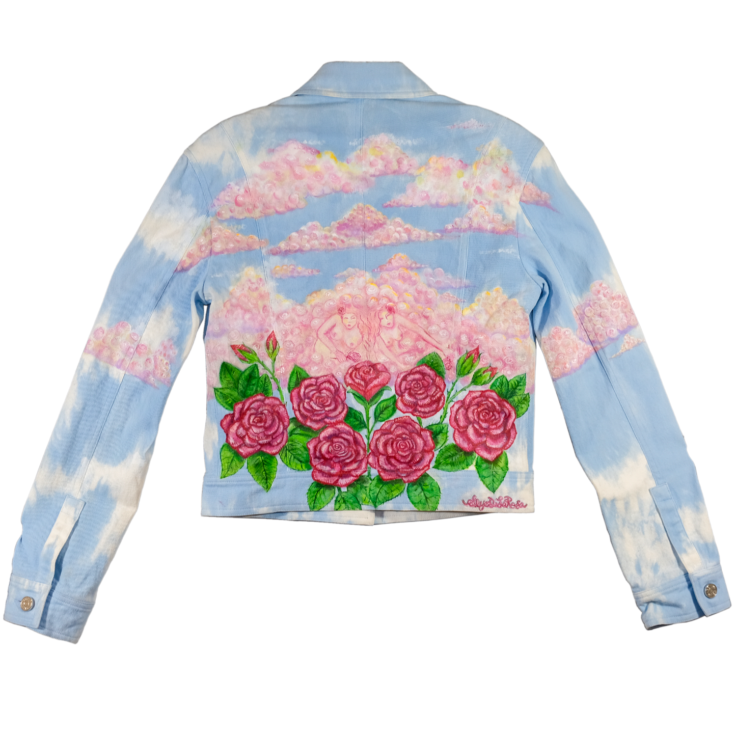 “Rose Colored Skies” - Up-cycled Tie Dye Denim Jacket - Size 38 (MD) Hand Painted by Skye De La Rosa