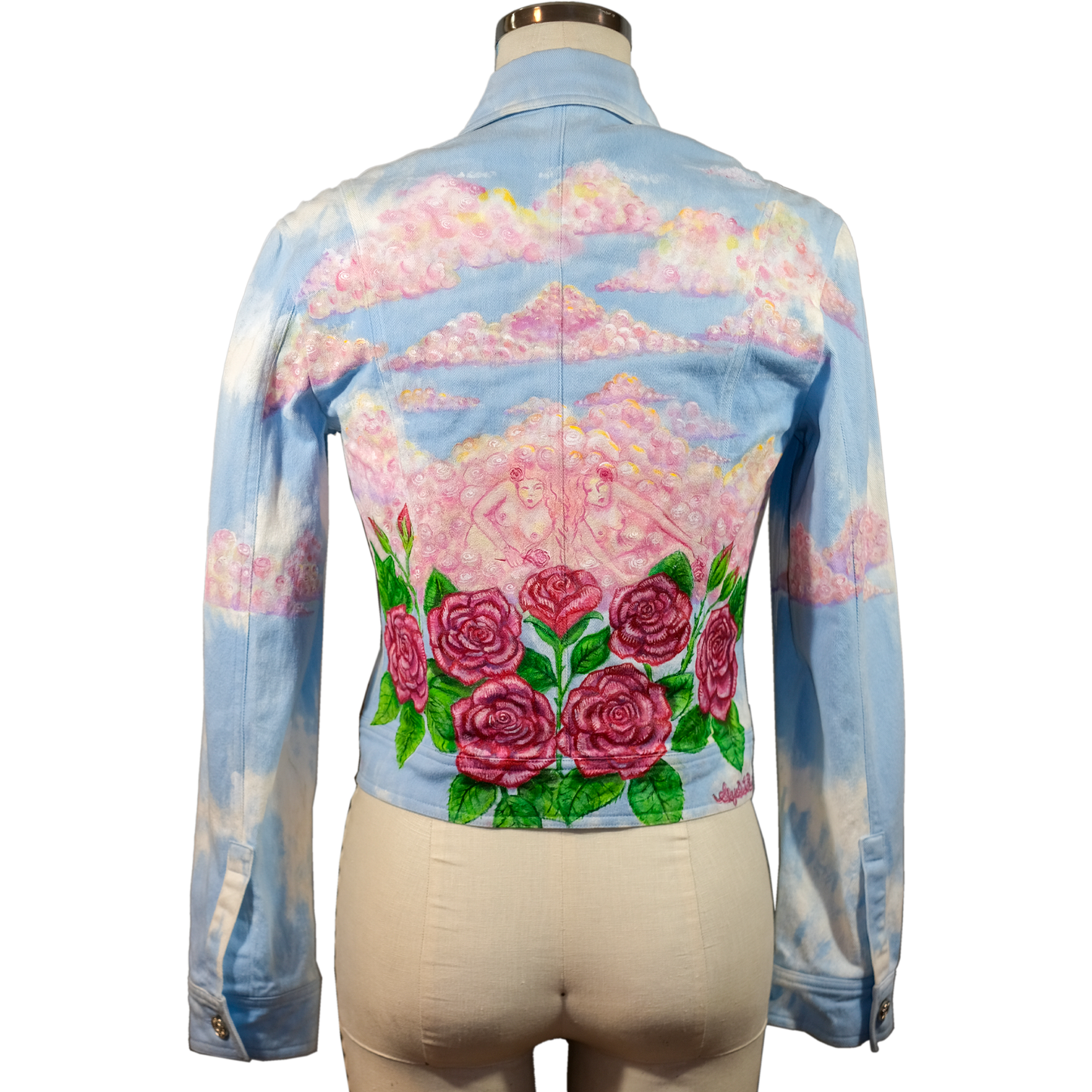 “Rose Colored Skies” - Up-cycled Tie Dye Denim Jacket - Size 38 (MD) Hand Painted by Skye De La Rosa