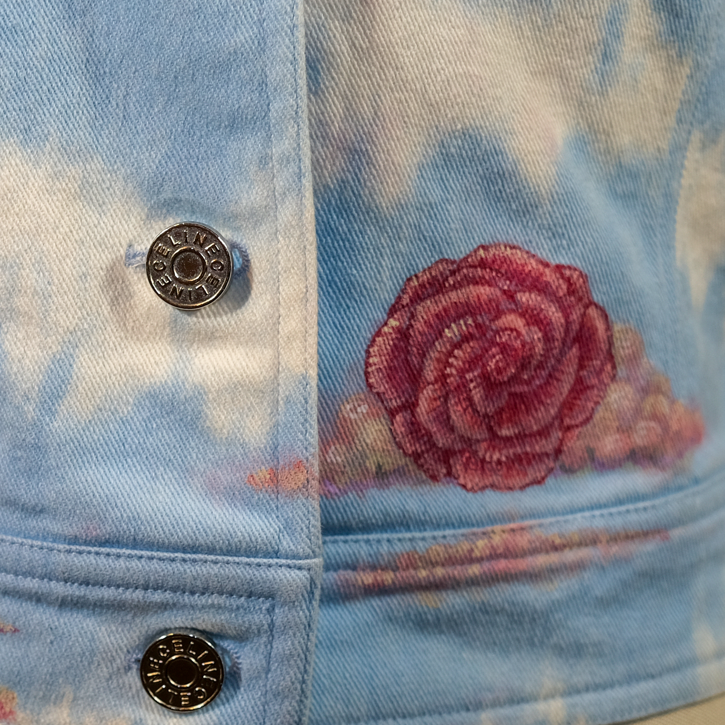 “Rose Colored Skies” - Up-cycled Tie Dye Denim Jacket - Size 38 (MD) Hand Painted by Skye De La Rosa