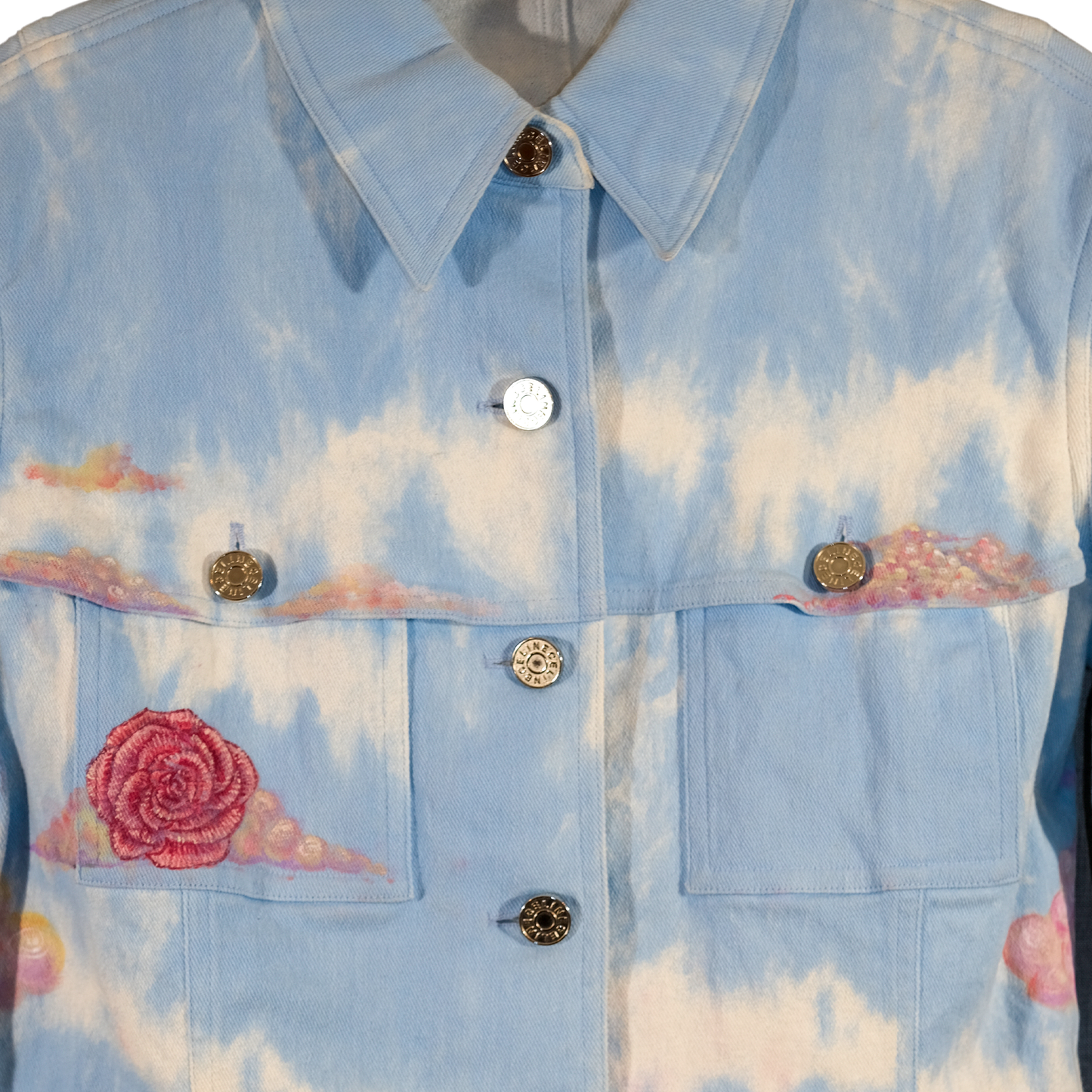 “Rose Colored Skies” - Up-cycled Tie Dye Denim Jacket - Size 38 (MD) Hand Painted by Skye De La Rosa