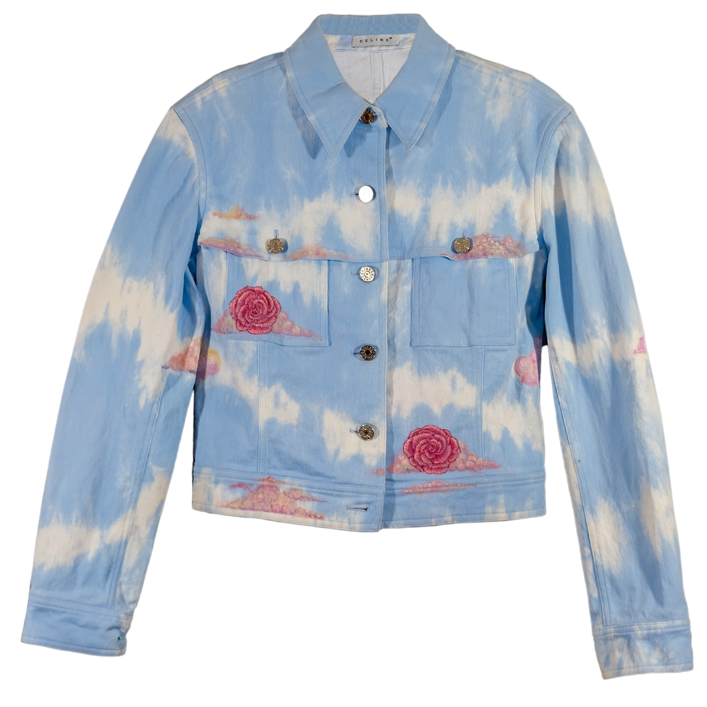 “Rose Colored Skies” - Up-cycled Tie Dye Denim Jacket - Size 38 (MD) Hand Painted by Skye De La Rosa