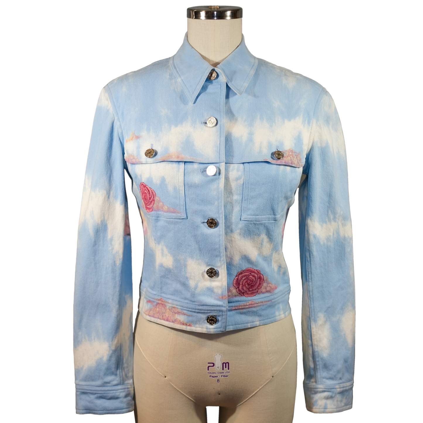 “Rose Colored Skies” - Up-cycled Tie Dye Denim Jacket - Size 38 (MD) Hand Painted by Skye De La Rosa