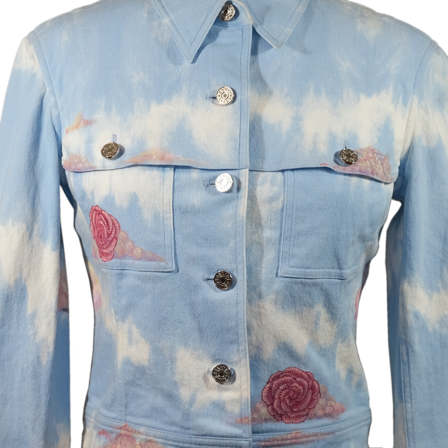 “Rose Colored Skies” - Up-cycled Tie Dye Denim Jacket - Size 38 (MD) Hand Painted by Skye De La Rosa