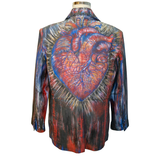 "Matters of the Heart" - Up-cycled Terrry Lewis Leather Jacket - Size Large  - Hand Painted by Skye De La Rosa