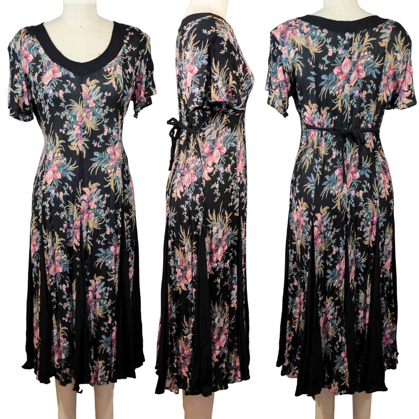 Vintage Lola P. Black Antique Floral Maxi Dress - Size P (6)