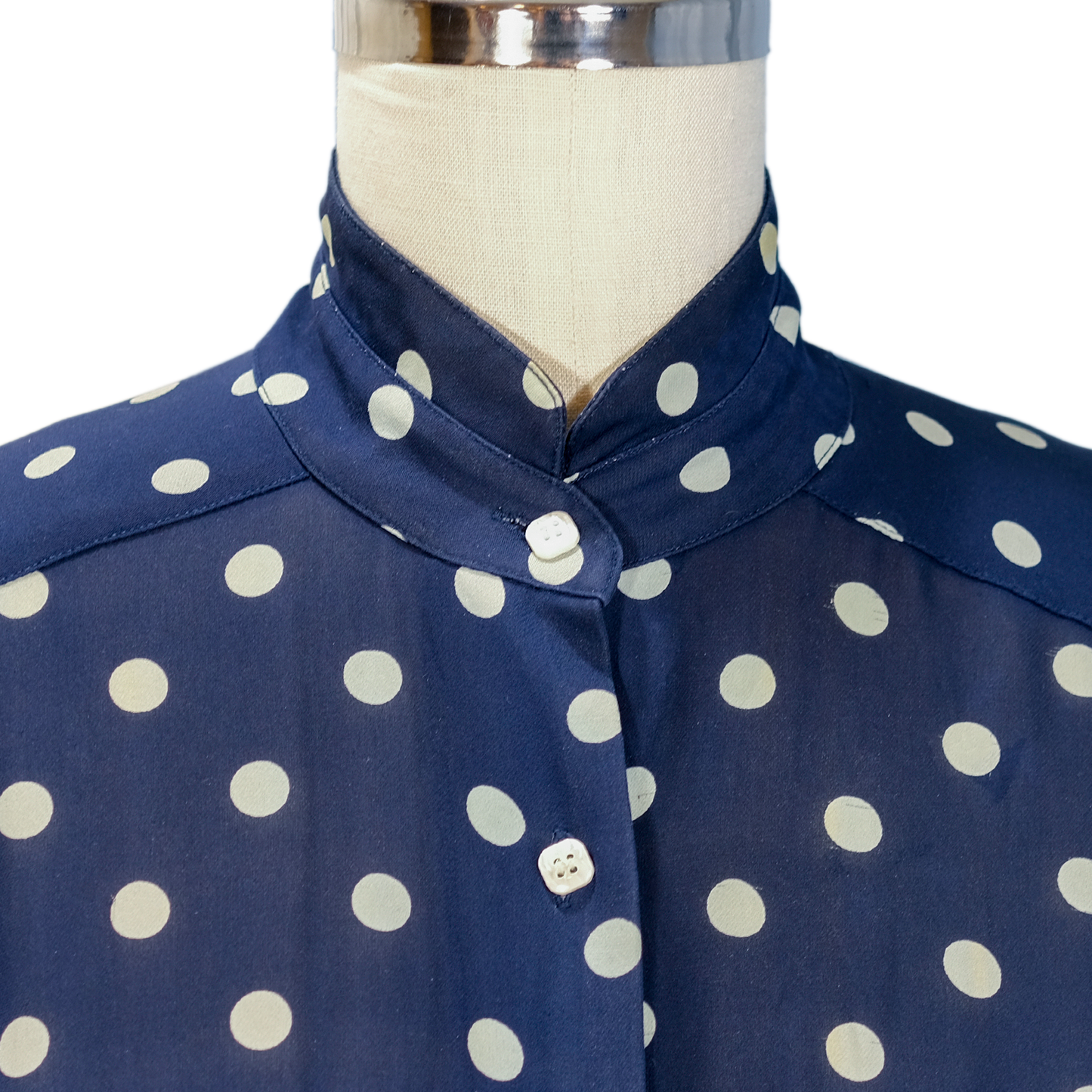 Vintage Marc Allan Silk - Blue Polka Dot Blouse with Mandarin Collar - Size 8