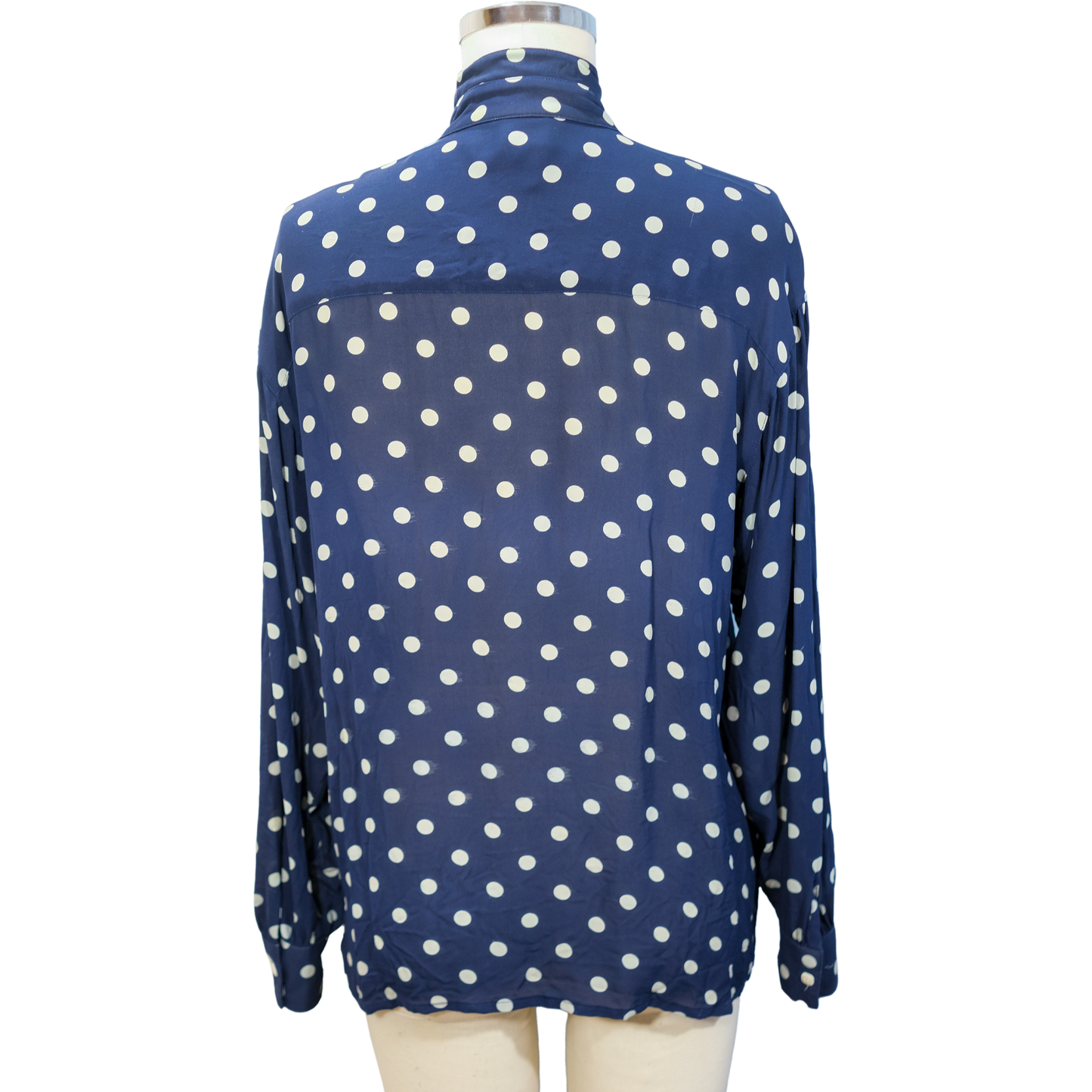 Vintage Marc Allan Silk - Blue Polka Dot Blouse with Mandarin Collar - Size 8