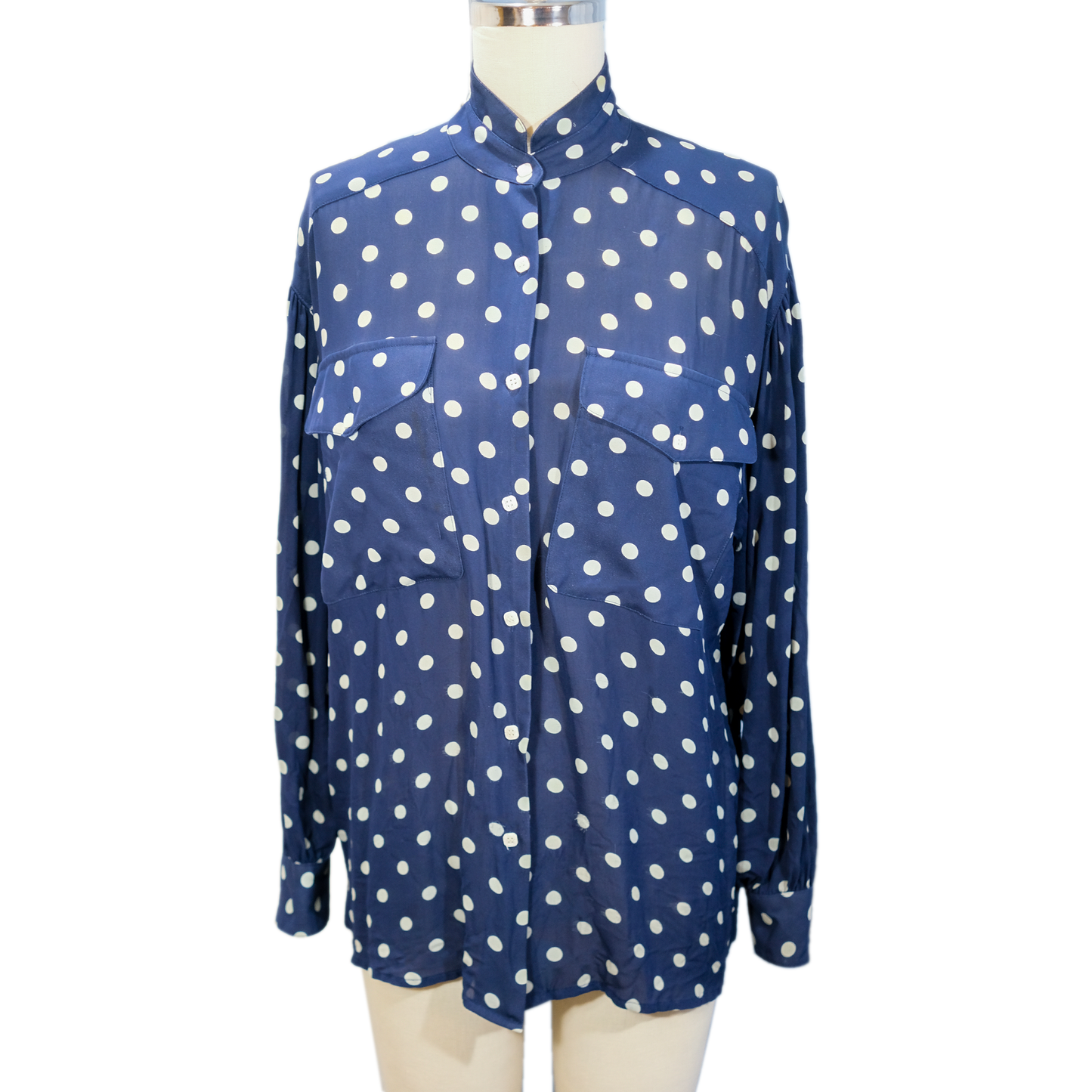 Vintage Marc Allan Silk - Blue Polka Dot Blouse with Mandarin Collar - Size 8