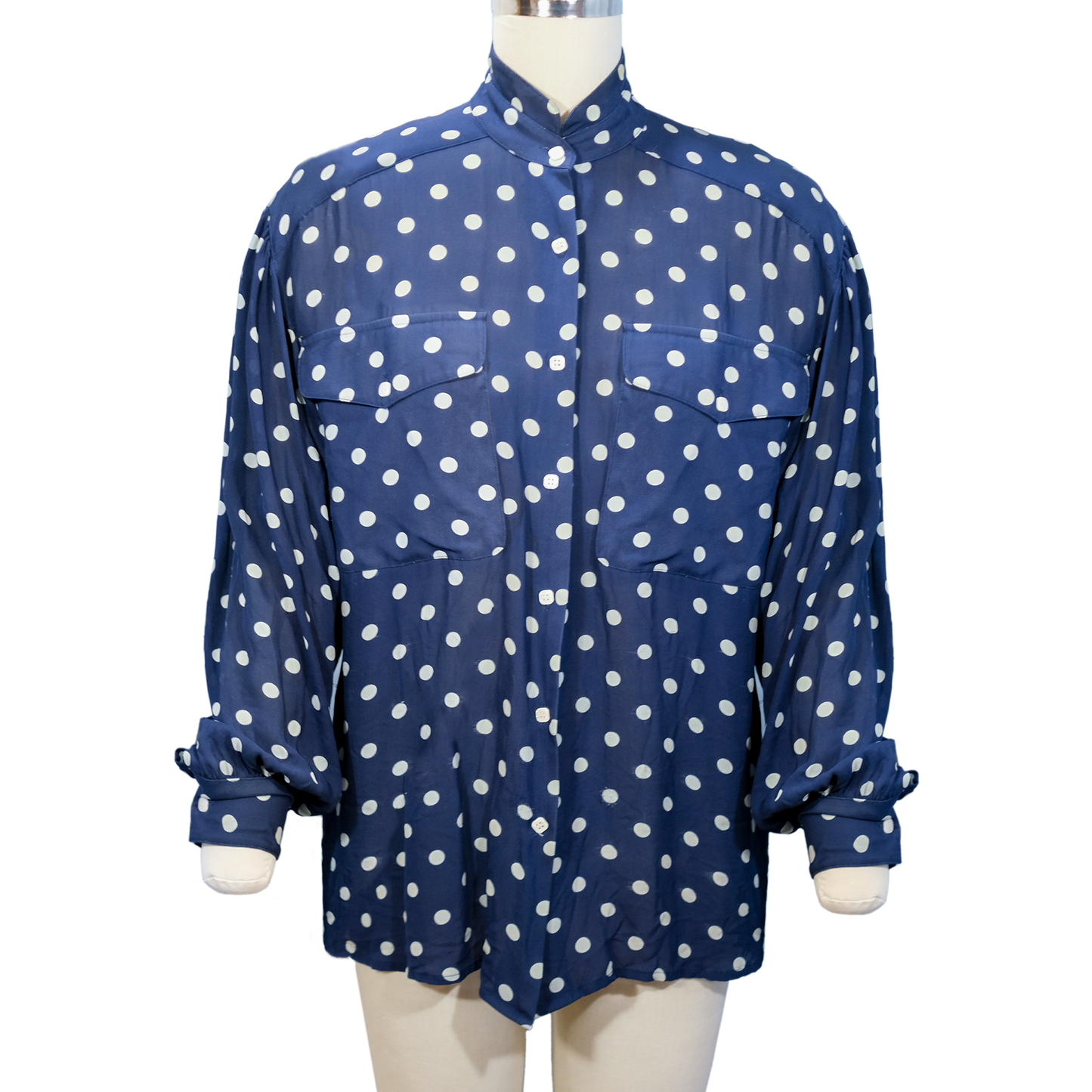 Vintage Marc Allan Silk - Blue Polka Dot Blouse with Mandarin Collar - Size 8