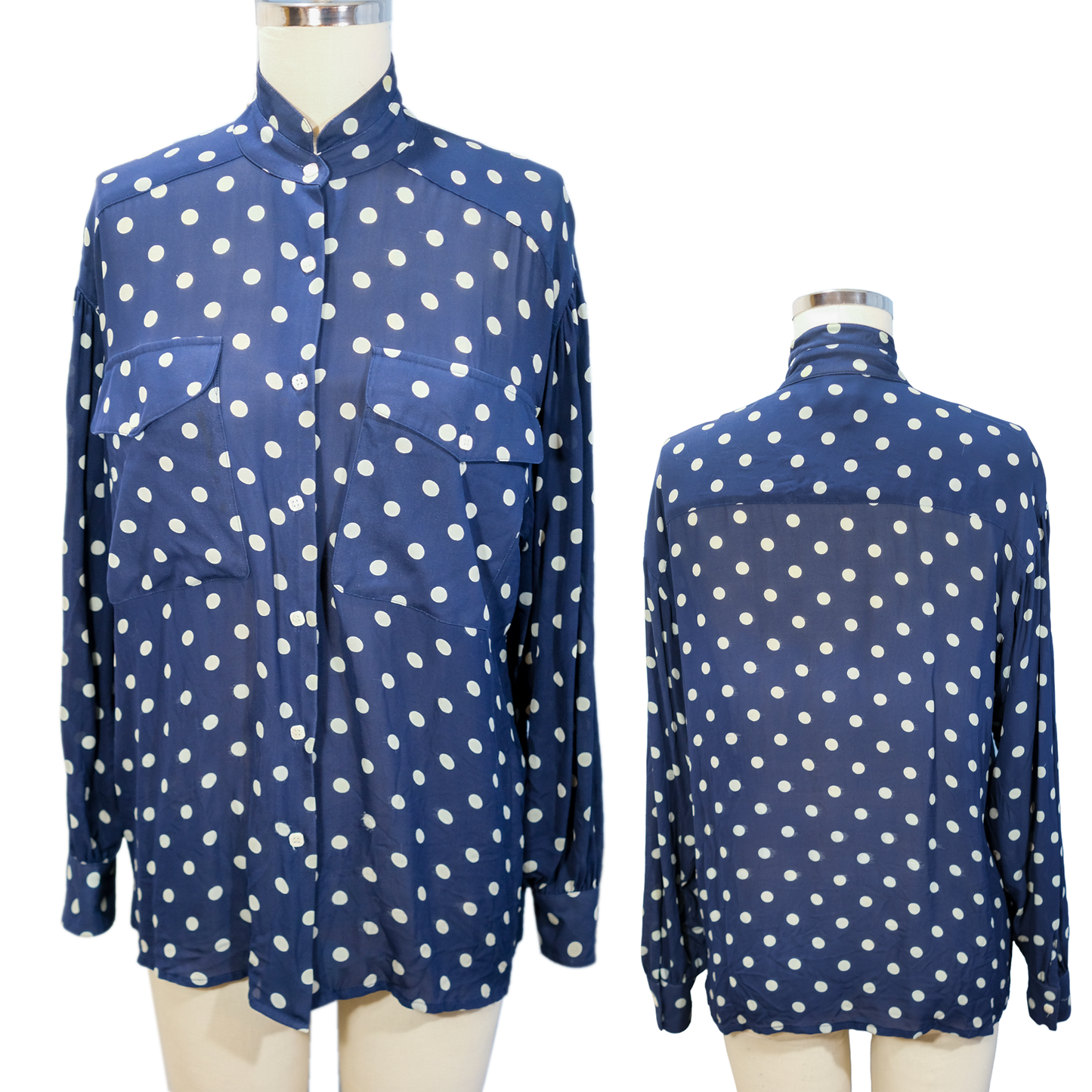 Vintage Marc Allan Silk - Blue Polka Dot Blouse with Mandarin Collar - Size 8