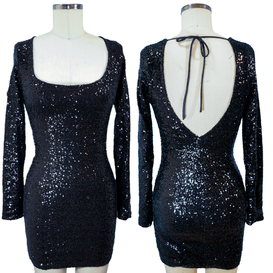 Black Sequin Long Sleeve Mini Bodycon Dress - Home sewn - Size small - Pre-owned