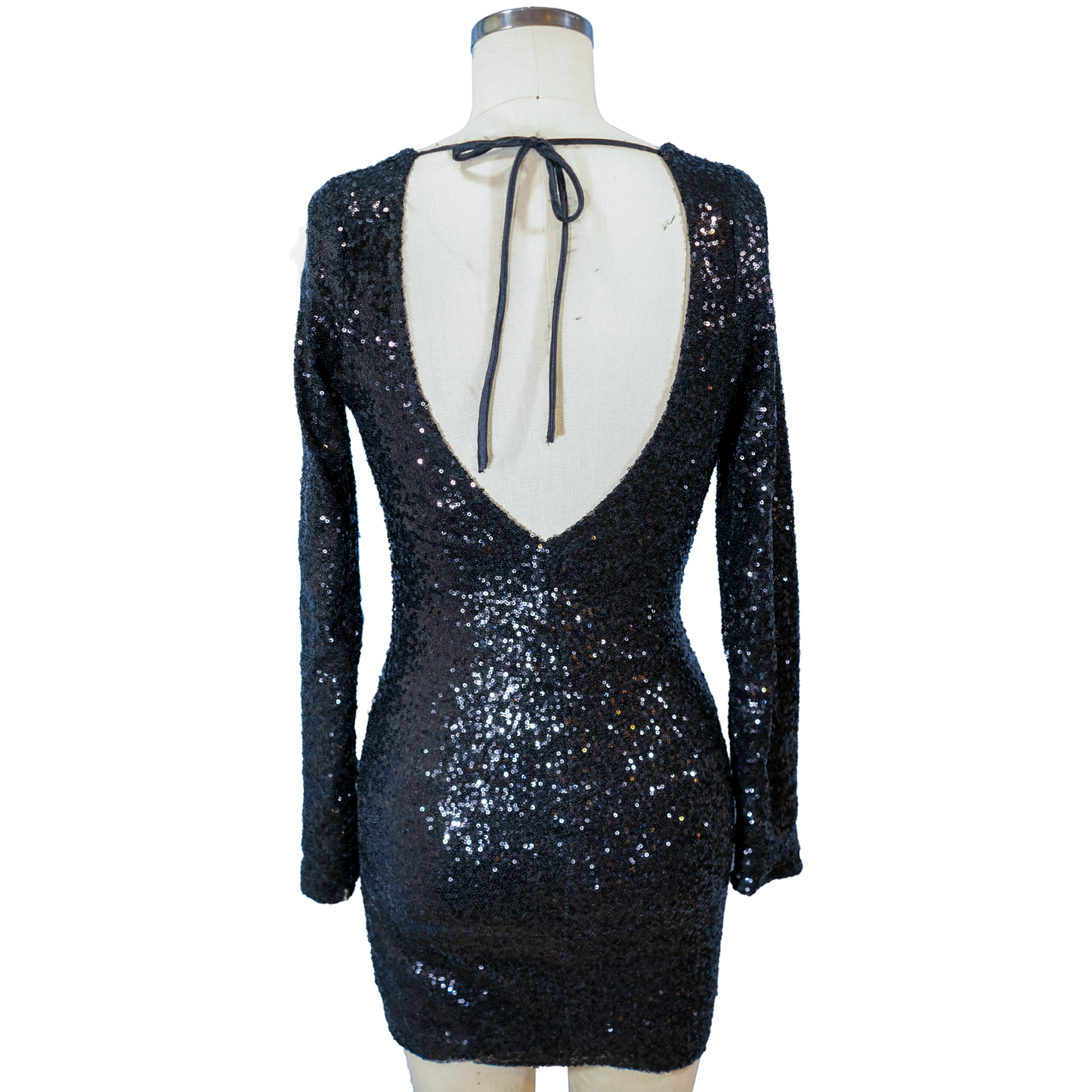 Black Sequin Long Sleeve Mini Bodycon Dress - Home sewn - Size small - Pre-owned