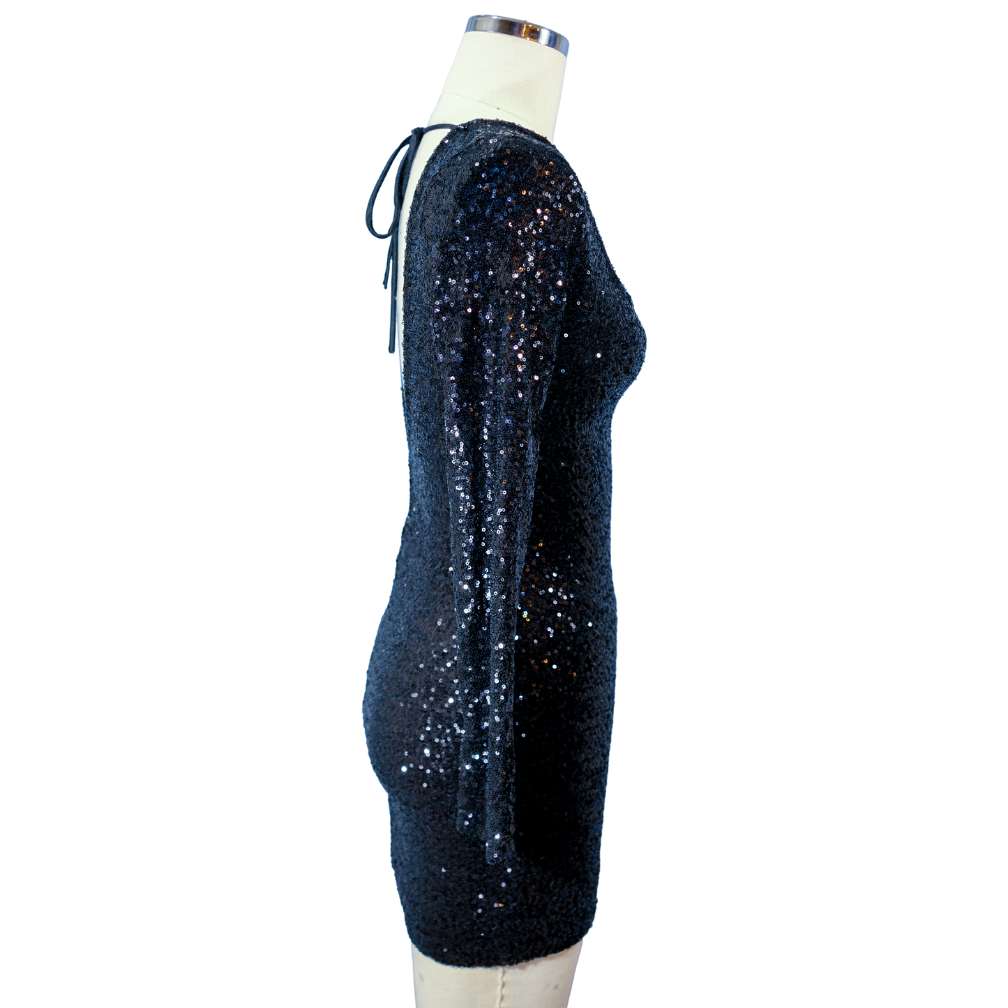 Black Sequin Long Sleeve Mini Bodycon Dress - Home sewn - Size small - Pre-owned