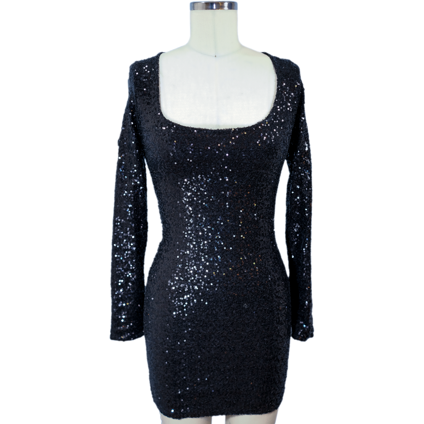 Black Sequin Long Sleeve Mini Bodycon Dress - Home sewn - Size small - Pre-owned