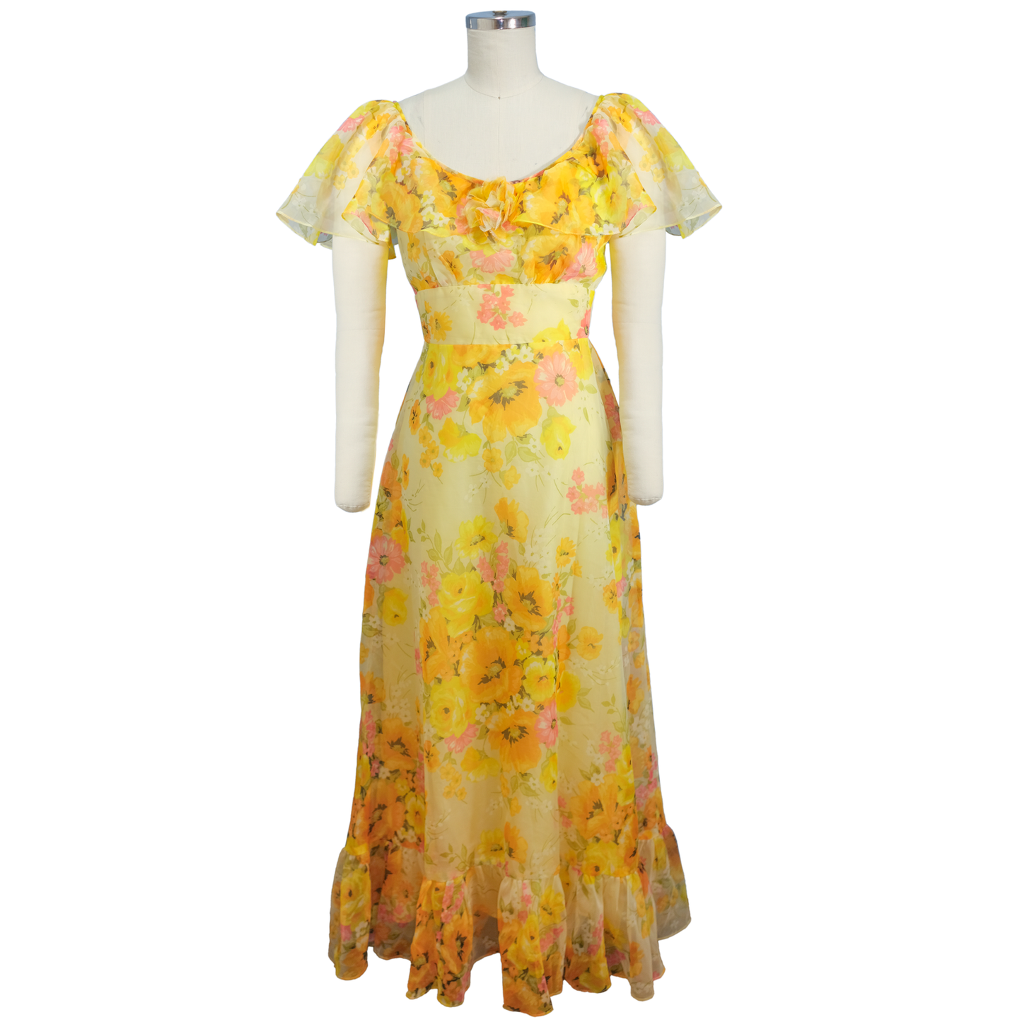 Vintage Yellow Floral Gown -1970's - Size SM