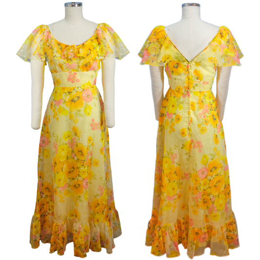 Vintage Yellow Floral Gown -1970's - Size SM