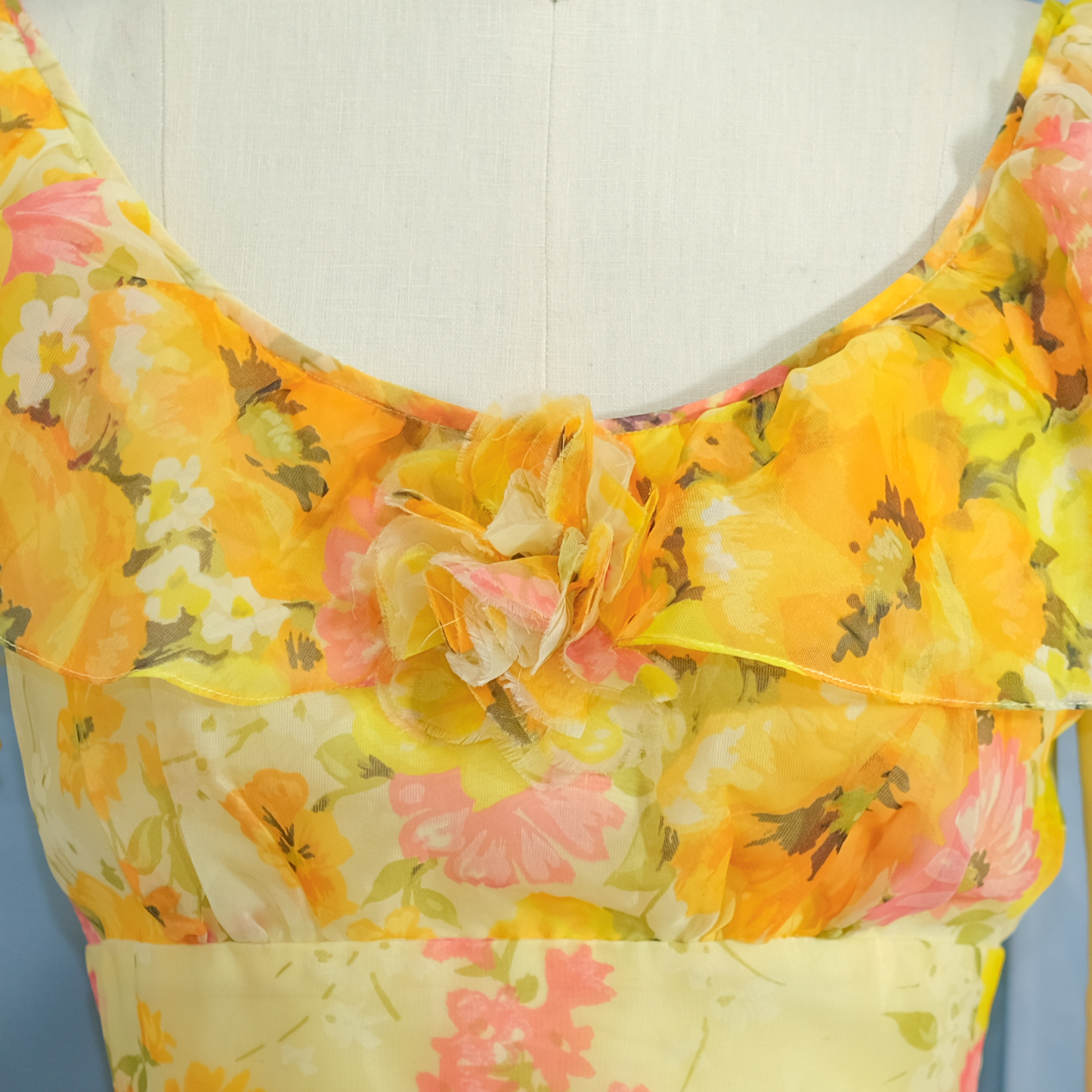 Vintage Yellow Floral Gown -1970's - Size SM