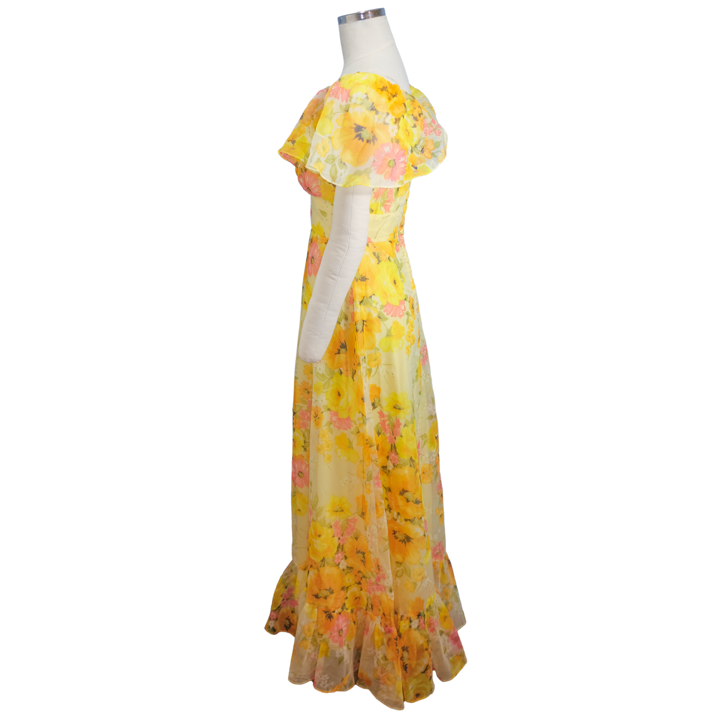 Vintage Yellow Floral Gown -1970's - Size SM