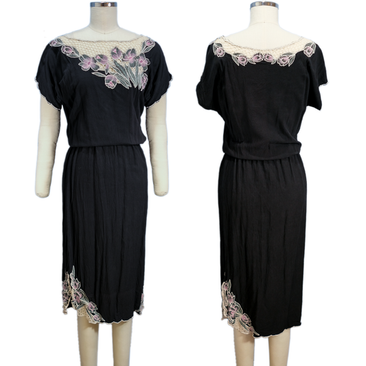 Vintage Martha Embroidery Black Silk Blend Dress - Size SM - Pre-owned