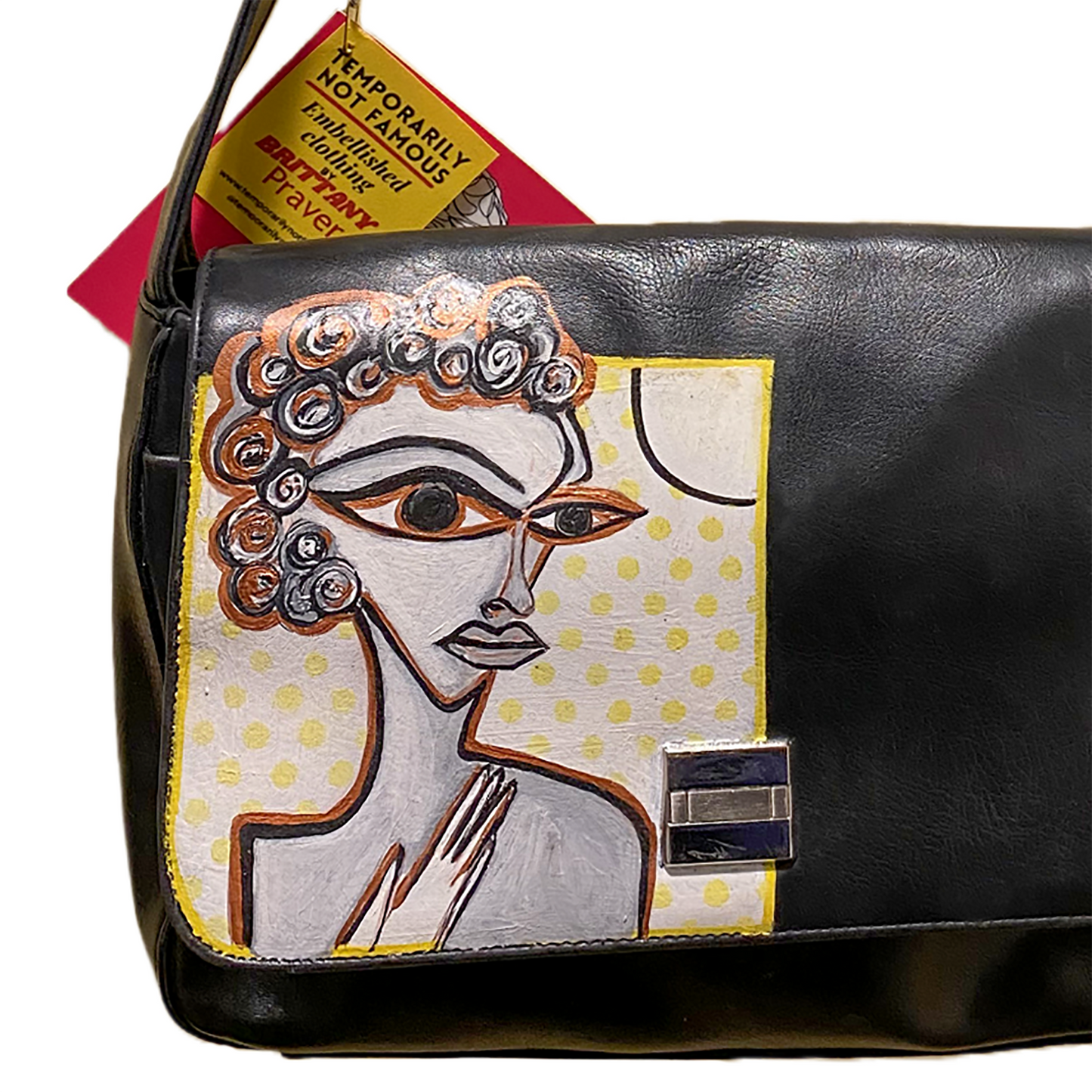 "Olivia" Black Leather Shoulder Bag Hand Painted - by Temporarily Not Famous