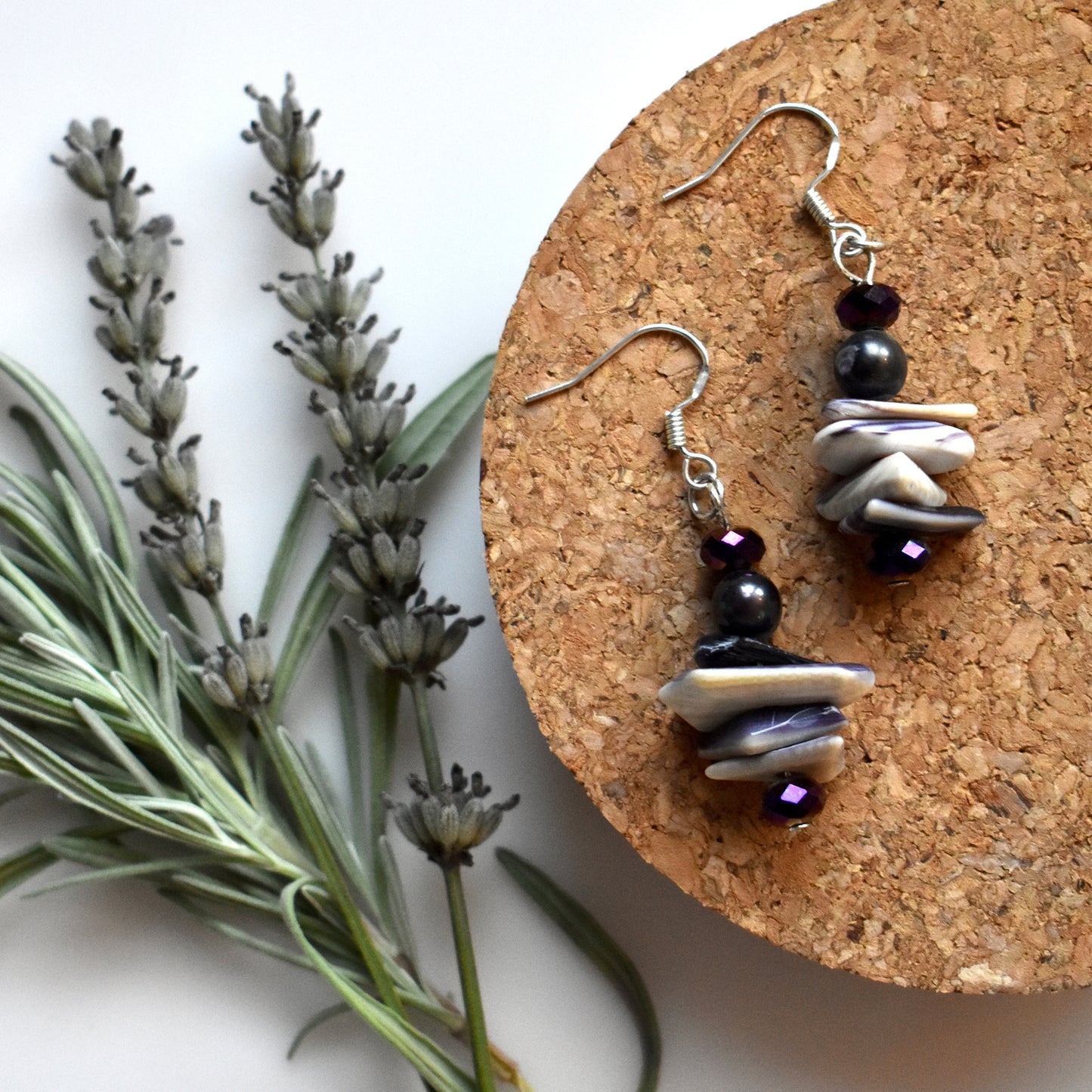 Wampum and Black Pearl Drop Earrings by Ockway Bay Wampum